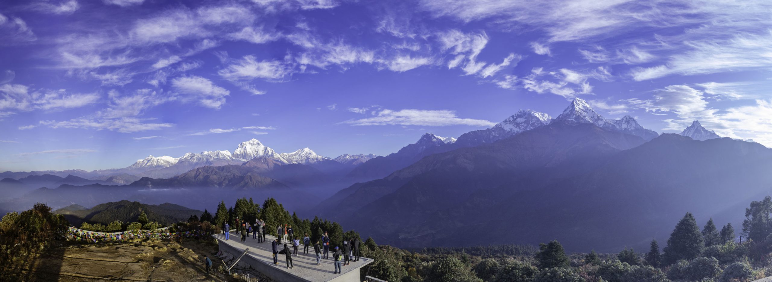 Panoramic view of a snow-capped Himalayan range from a hillside viewpoint