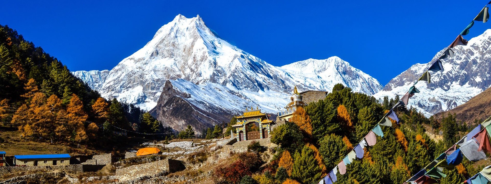 Manaslu above autumn forest and prayer flags in the Manaslu region