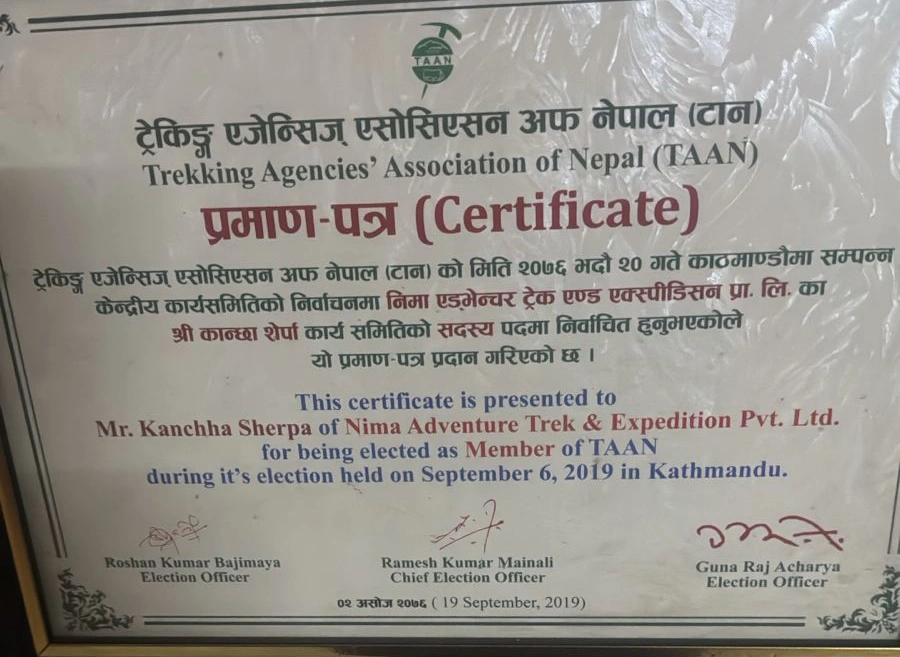 TAAN certificate presented to Kanchha Sherpa on his election to the association's Central Executive Committee in September 2019