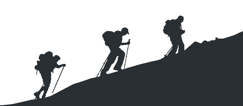 Silhouette of three trekkers with backpacks and poles climbing a slope