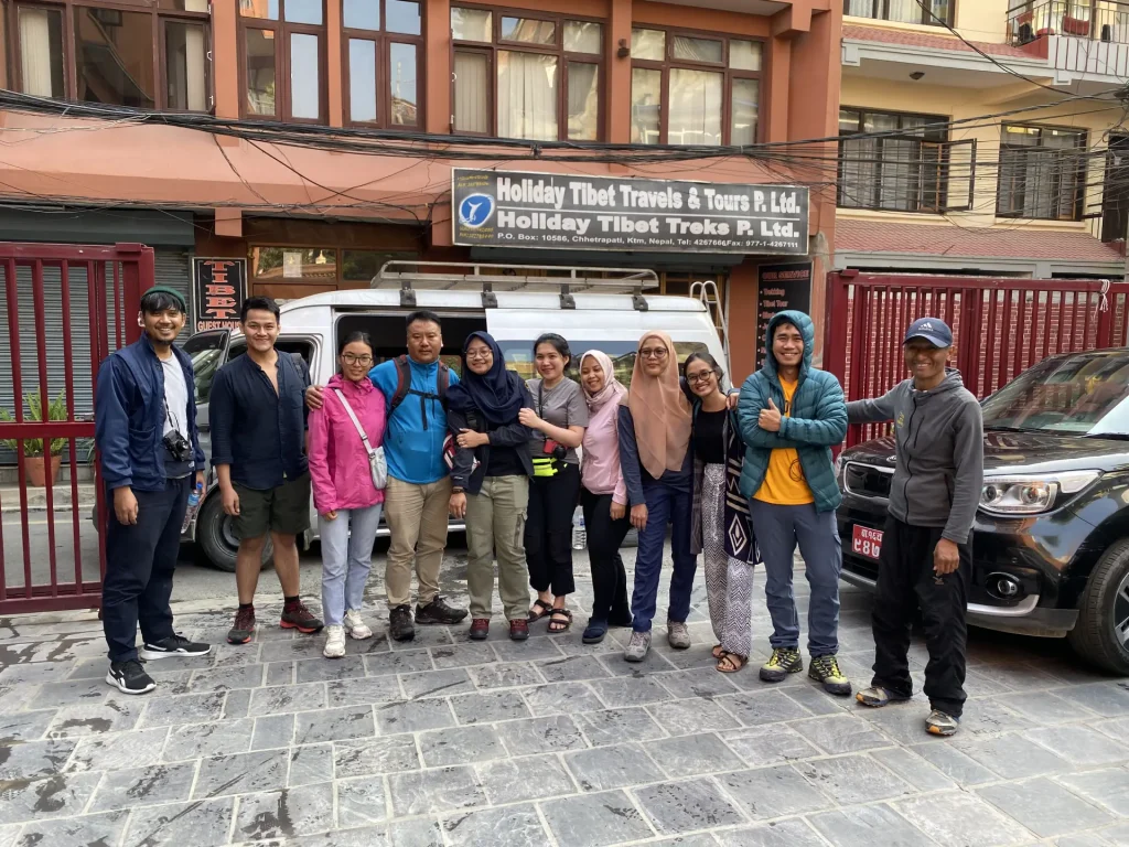 Nima Adventure trekking group outside a hotel in Kathmandu before the trek