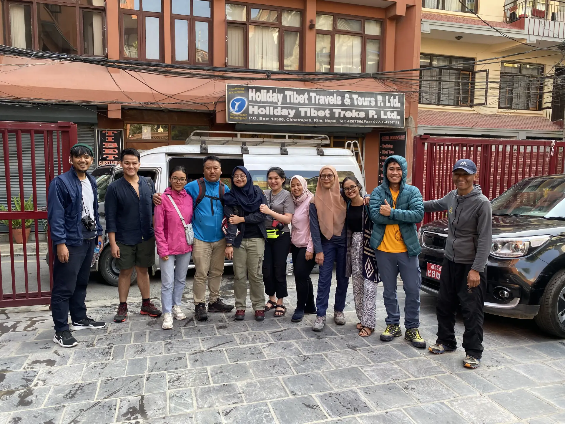 Nima Adventure trekking group outside a hotel in Kathmandu before the trek