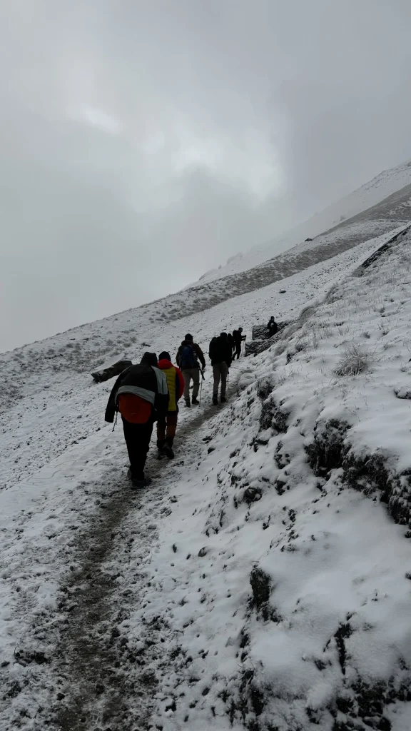 Trekkers climbing a snowy trail in falling snow