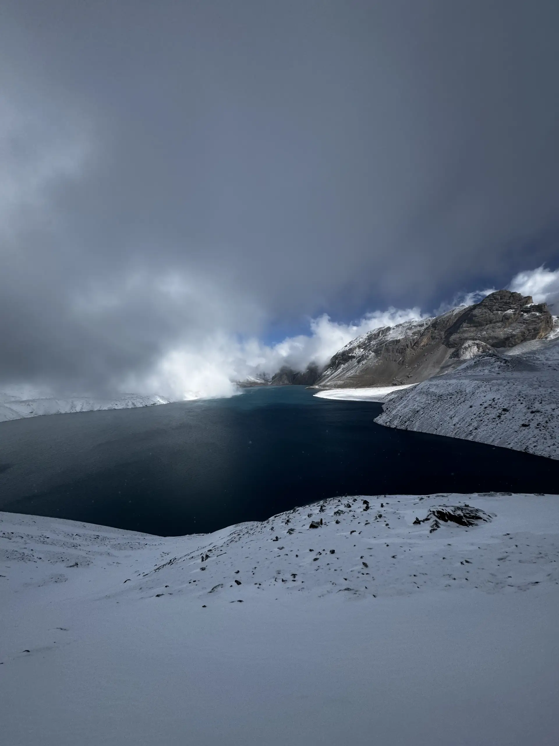Glacial lake surrounded by snow on the Annapurna Circuit