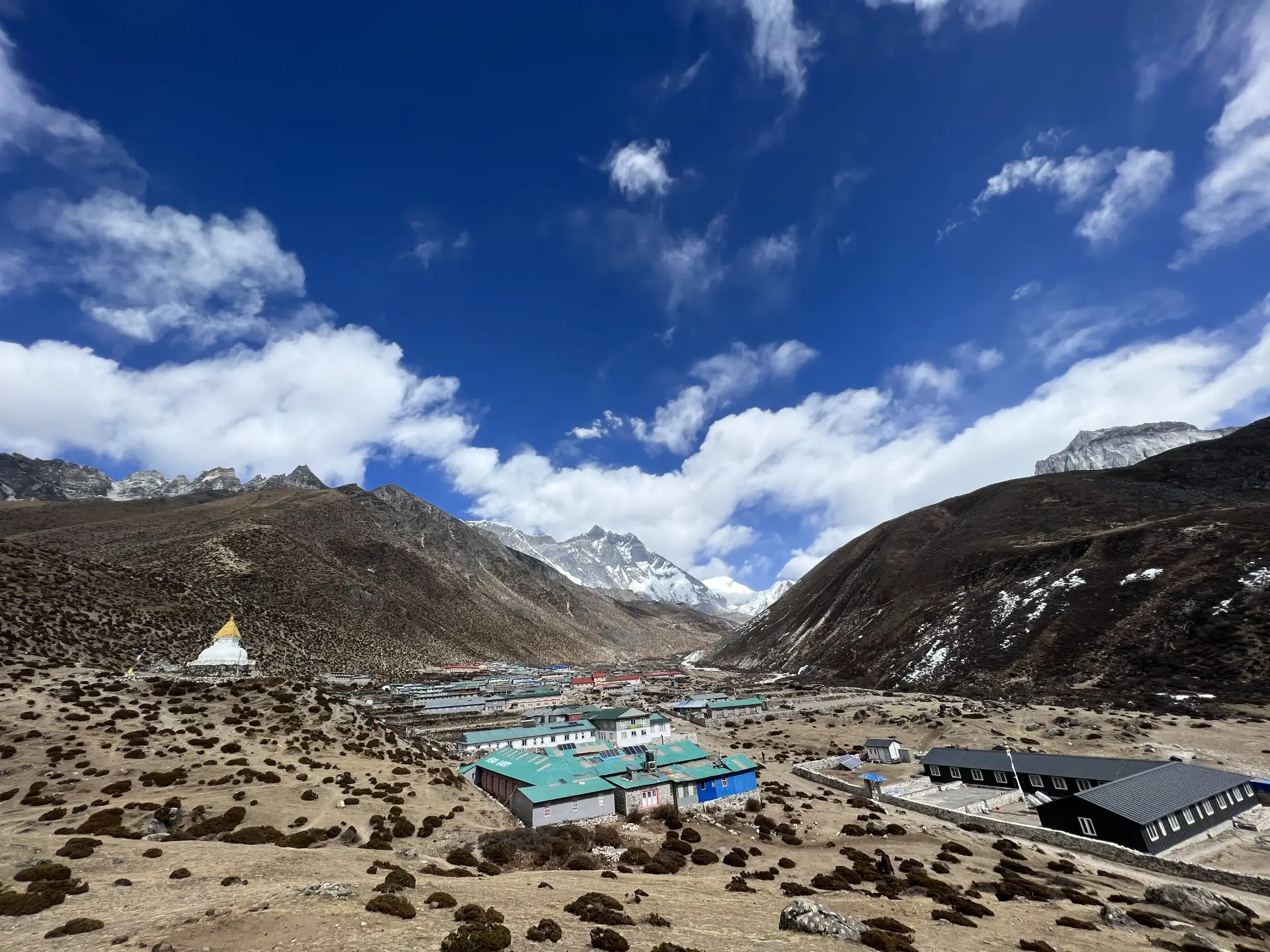 Teahouse village and white chorten in a high Khumbu valley