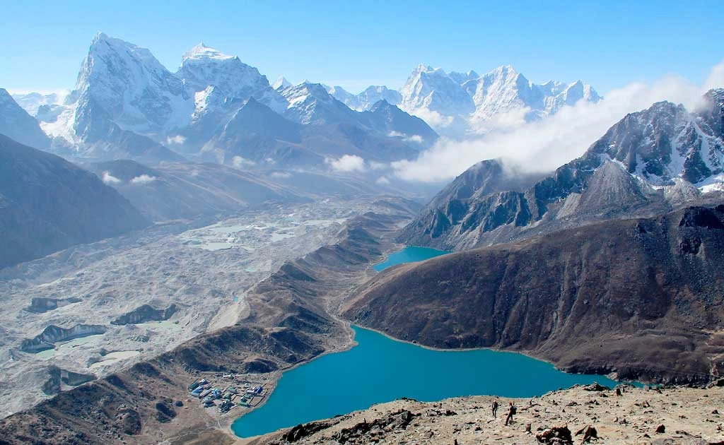 Gokyo lakes and the Ngozumpa glacier below Cho Oyu