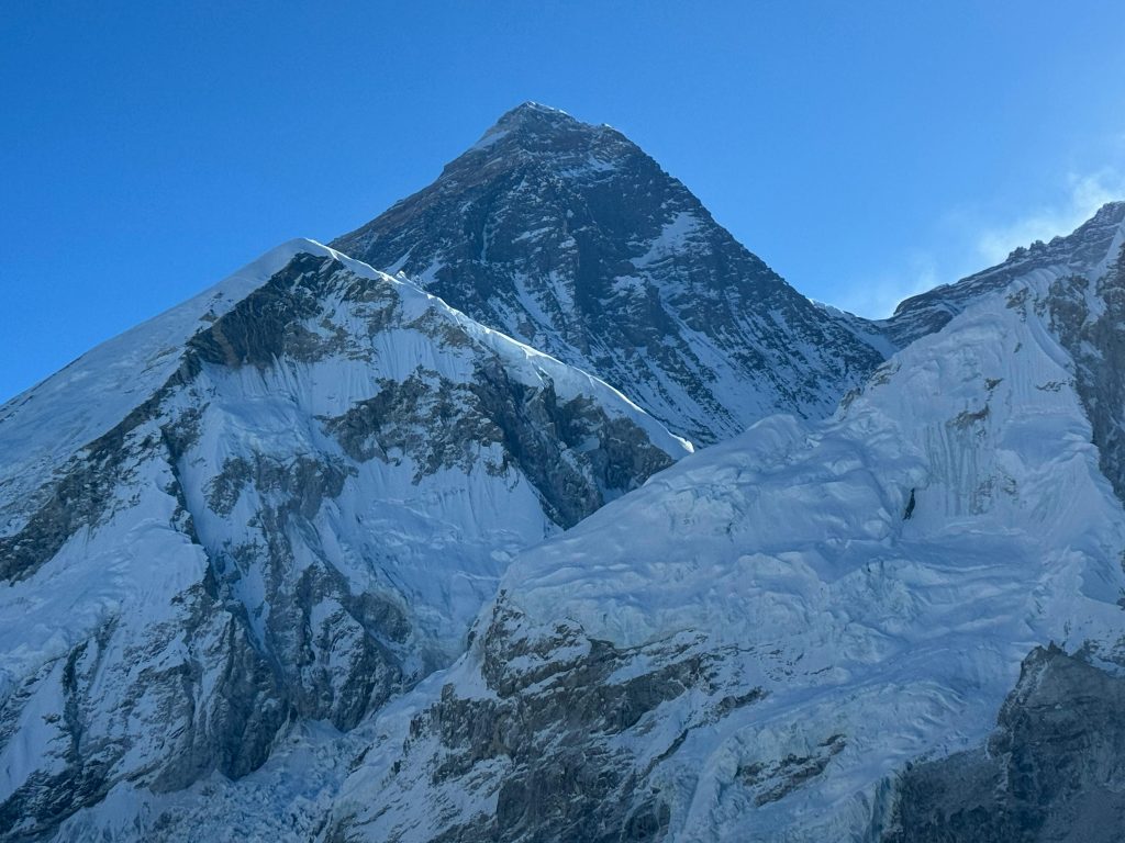 Mount Everest, Lhotse and Nuptse under a clear blue sky