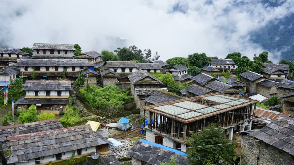 Traditional slate-roofed stone houses of a hillside village among trees and drifting cloud in the Annapurna region