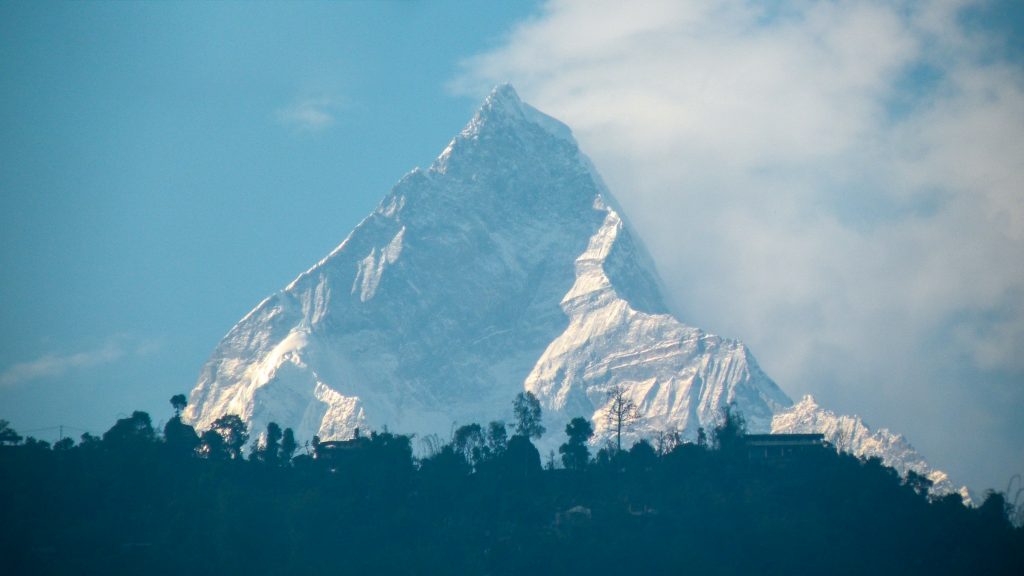 Machhapuchhre's sharp fishtail summit rising above a dark forested ridge and drifting cloud