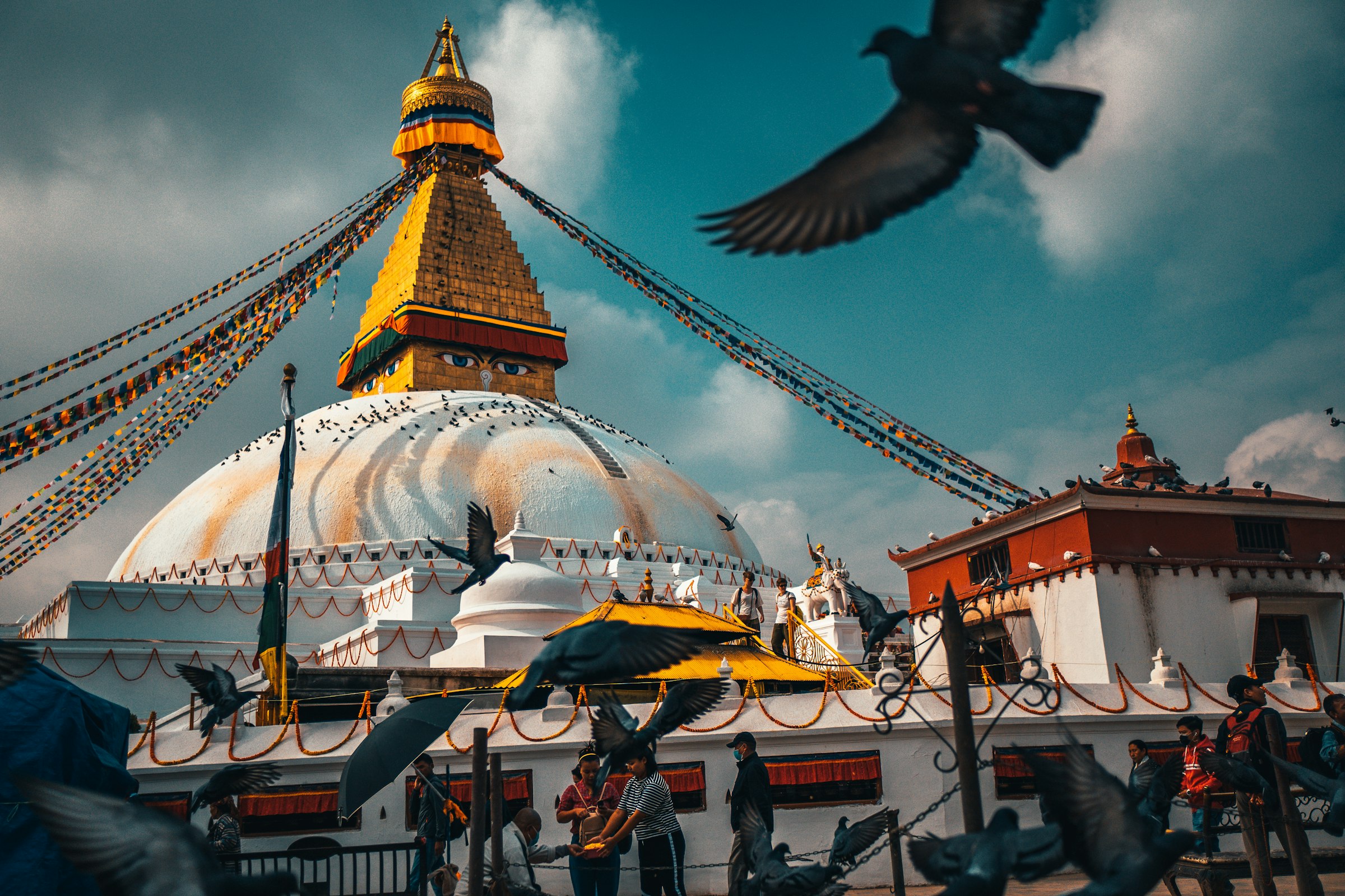 Pigeons flying past Boudhanath stupa's gilded tower and prayer flags in Kathmandu