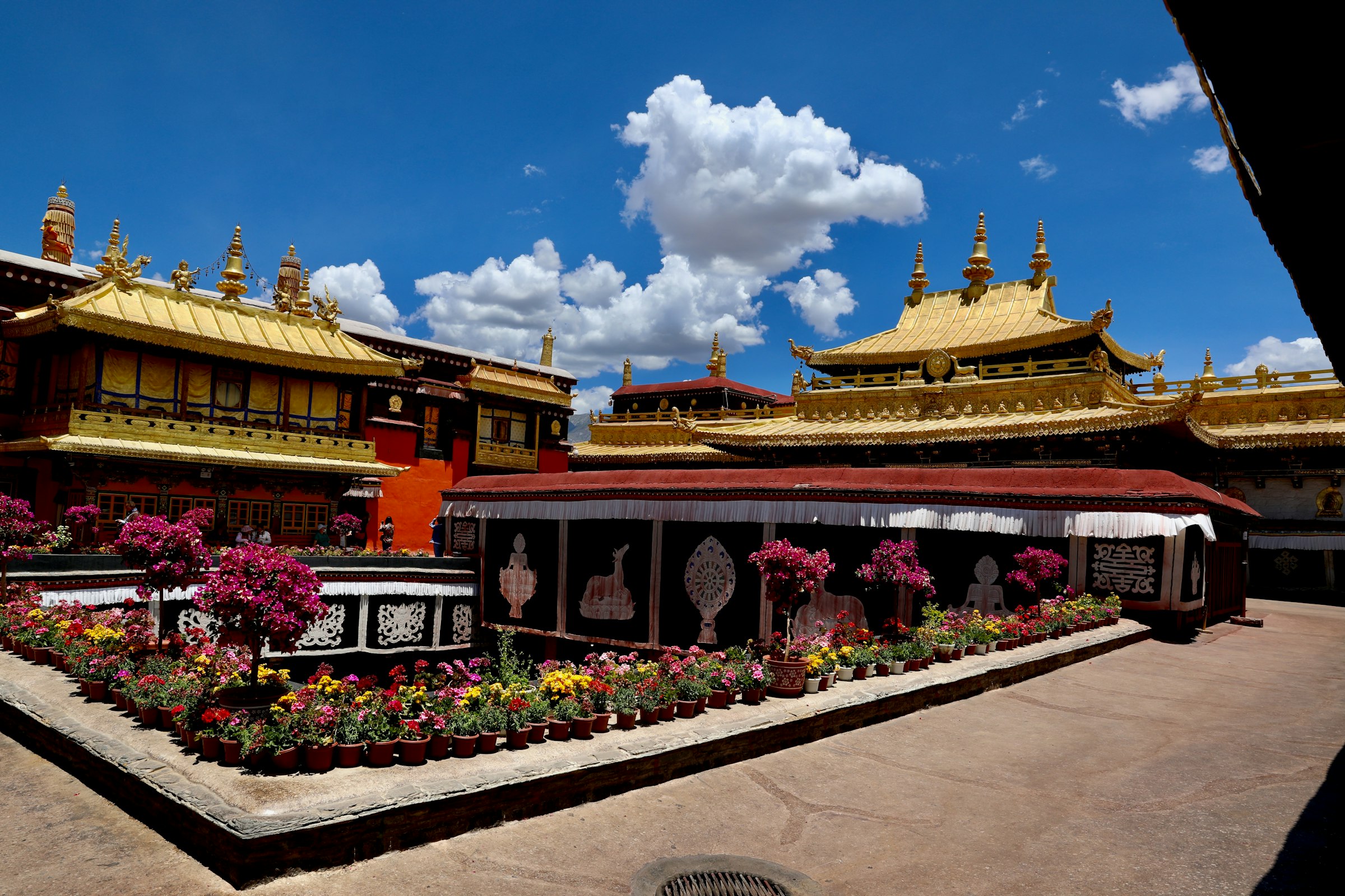 Golden roofs of the Jokhang Temple above a courtyard of pink and red flowers in Lhasa